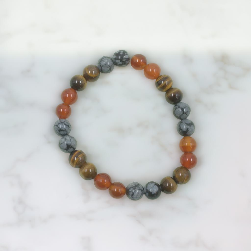 Positive Energy Bracelet – Snowflake Obsidian, Carnelian & Tiger Eye