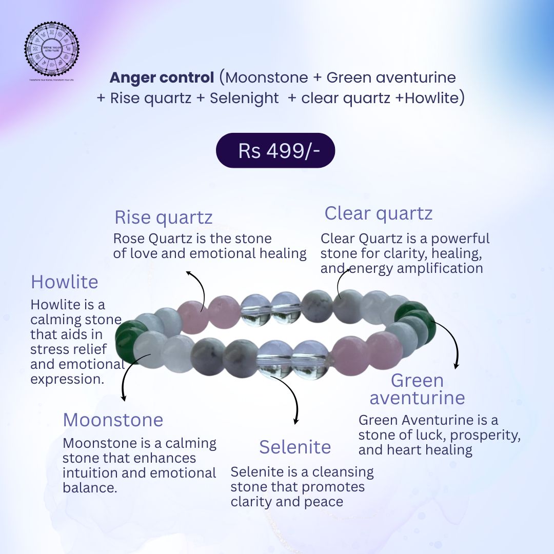 Anger control (Moonstone + green aventurine + rise quartz + selenight  + clear quartz +howlite)
